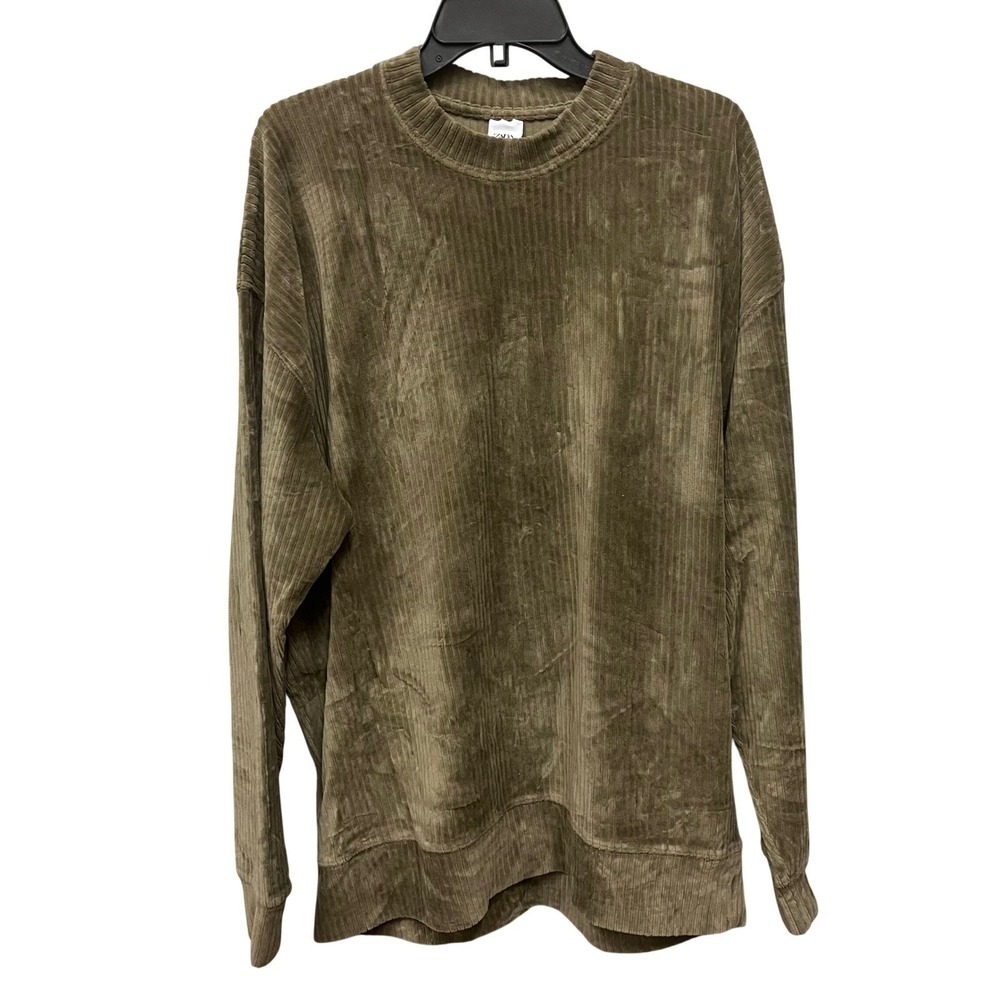 Zara Man Ribbed Corduroy Sweatshirt XL Olive Green Crewneck Oversized Pullover